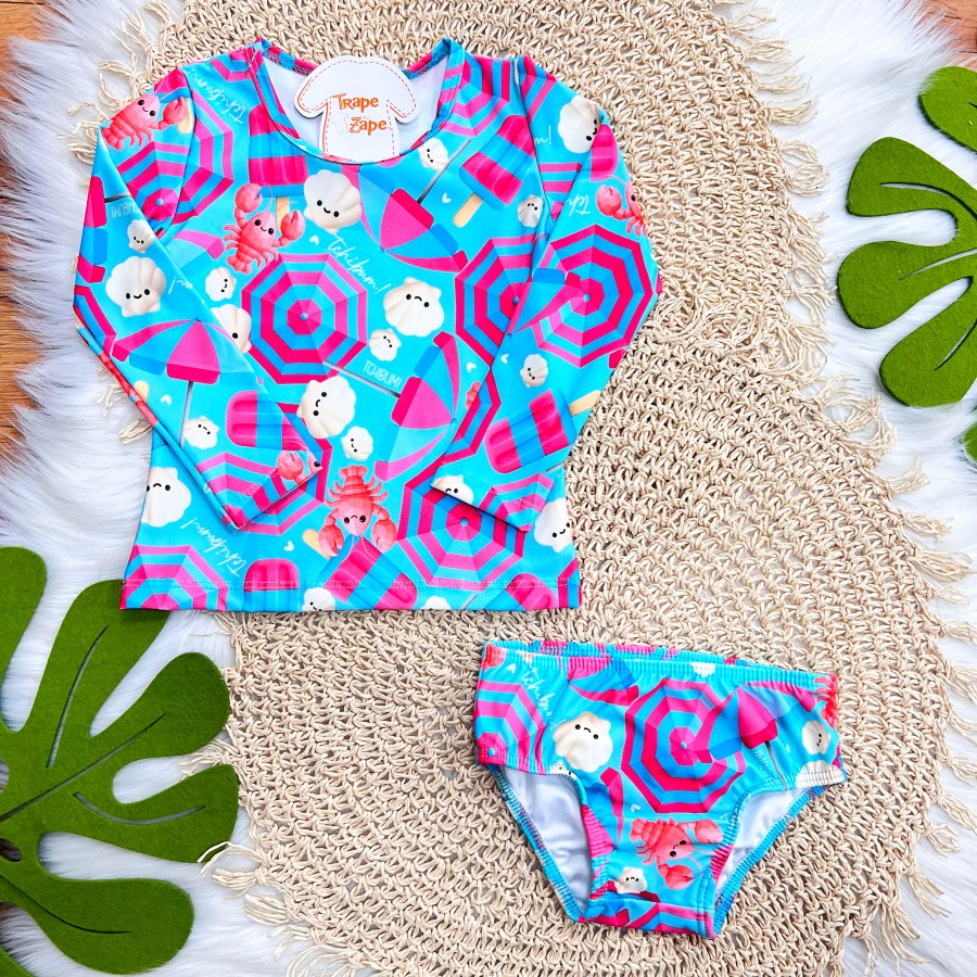 Linha Praia - Conj. Blusa Manga Longa e Calcinha Fundo do Mar com Proteção UV50+ - Azul Bebê